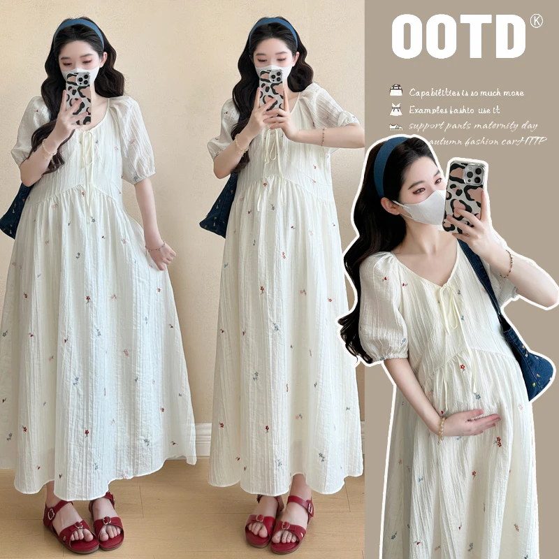 孕妇夏装洋气网红2025夏季新款韩版时尚绣花工艺中长款孕妇连衣裙