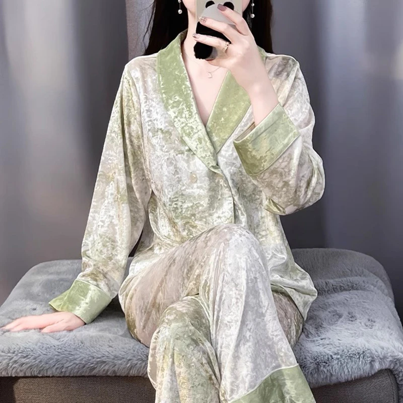 tpvl2025新款金钻绒丝绒睡衣女秋冬家居服套装高级感可外穿青果领