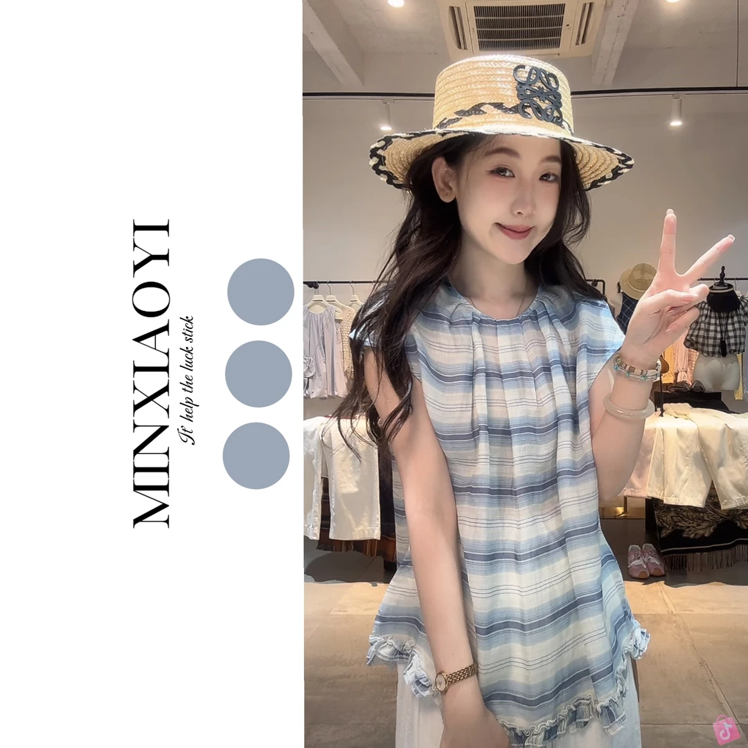 【闵笑一】海洋 小众设计夏季新款简约圆领短袖苎麻衬衫女上衣