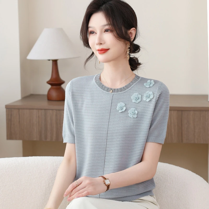 中老年女装夏季新款短袖母亲节上衣妈妈中年夏装冰丝50岁T恤小衫