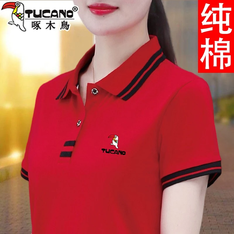 啄木鸟纯棉短袖t恤女2025夏季新款妈妈宽松休闲工作服polo领上衣