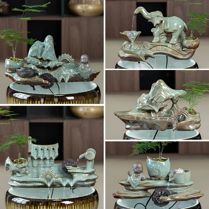 喷泉配件鱼缸循环水流水造景招财流水摆件陶瓷桌面水循环复古风