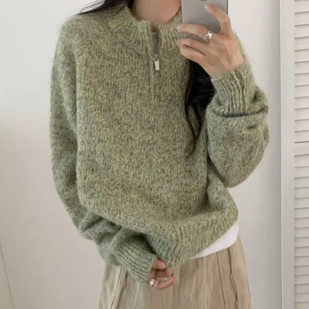 8053 POLO领短款长款秋冬女韩版毛衣慵懒风保暖上衣落肩袖