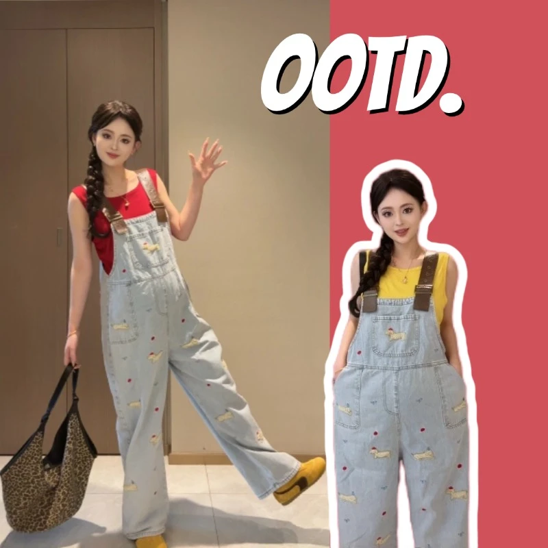 【Liner】孕妇装2025春季减龄腊肠狗刺绣孕妇牛仔宽松背带裤+棉T恤