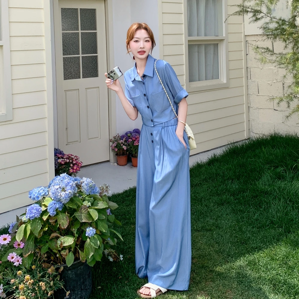 五一穿搭一整套2025新款爆款高级感又酷又飒蓝色上衣阔腿裤两件套
