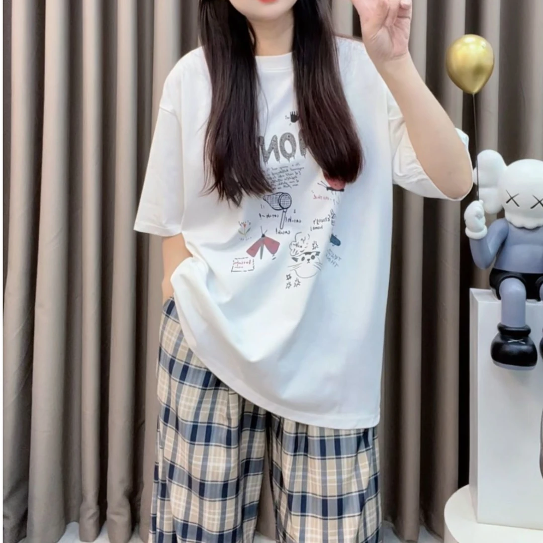 2025夏季新款韩版撞色字母涂鸦印花短袖T恤+百搭短裤套装DYY2786