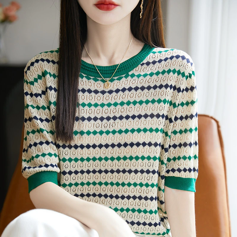 莱赛尔天丝针织五分袖T恤女圆领拼色宽松镂空中袖女装打底衫