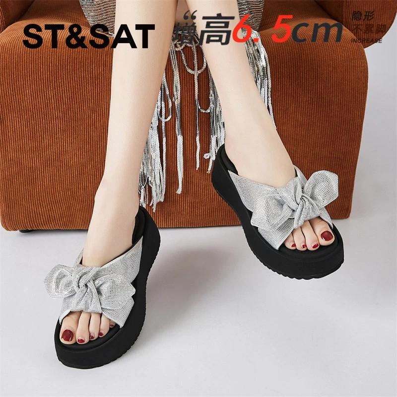 星期六水钻蝴蝶结凉拖女士夏季新款仙女风拖鞋懒人外穿厚底一字拖