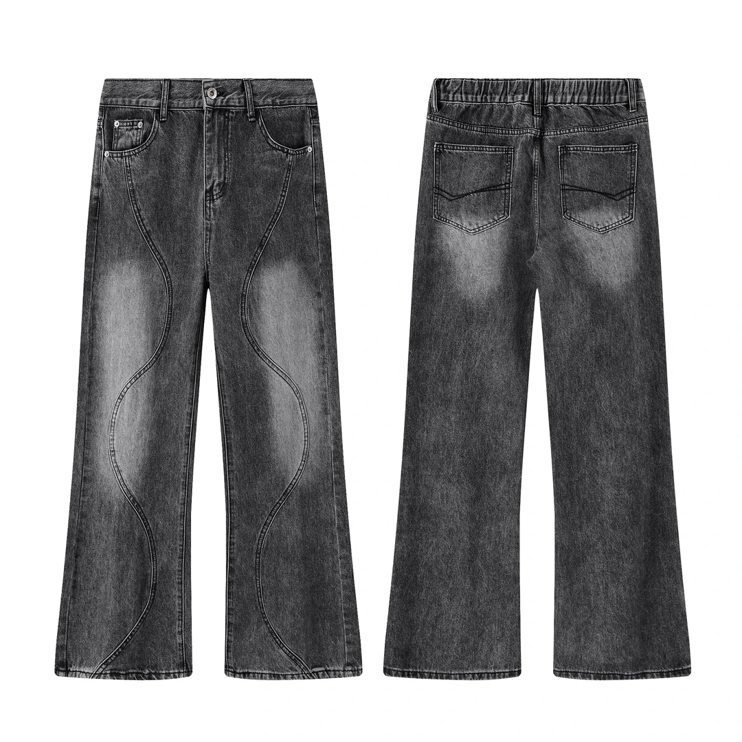 莫狂少年水洗灰弧形分割微喇牛仔裤美式高街休闲宽松长裤子男