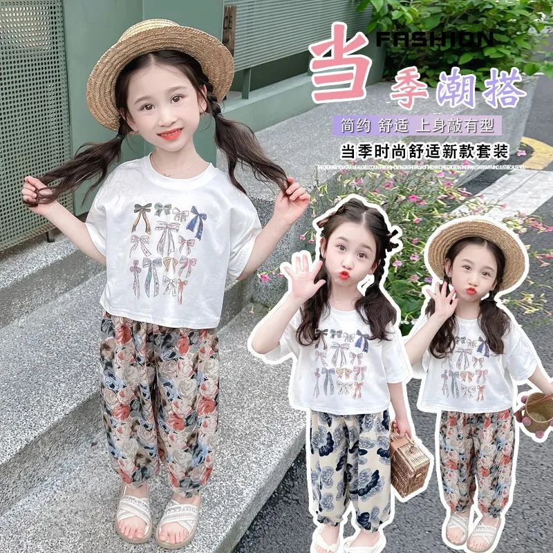 2025潮款夏季女童套装儿童蝴蝶结短袖防蚊裤两件套