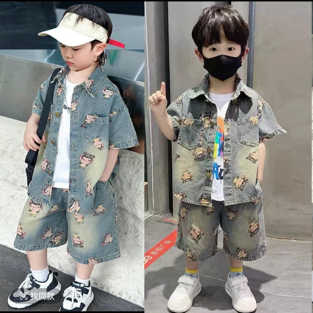 儿童牛仔夏季套装中小大童男孩两件套女童宝宝衬衫短裤哪吒款衣服