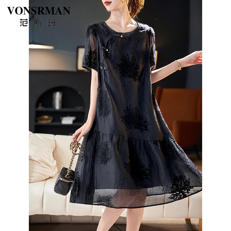 范斯玛圆领钉珠刺绣黑色连衣裙2025夏季气质时尚短袖休闲A字裙潮