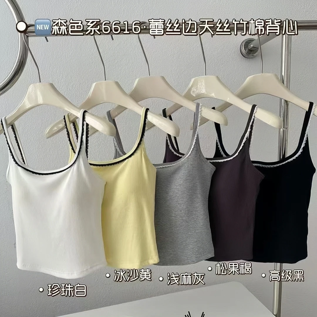 【夏日清凉】Mai Mai◆蕾丝花边吊带背心带胸垫打底抹胸外穿上衣