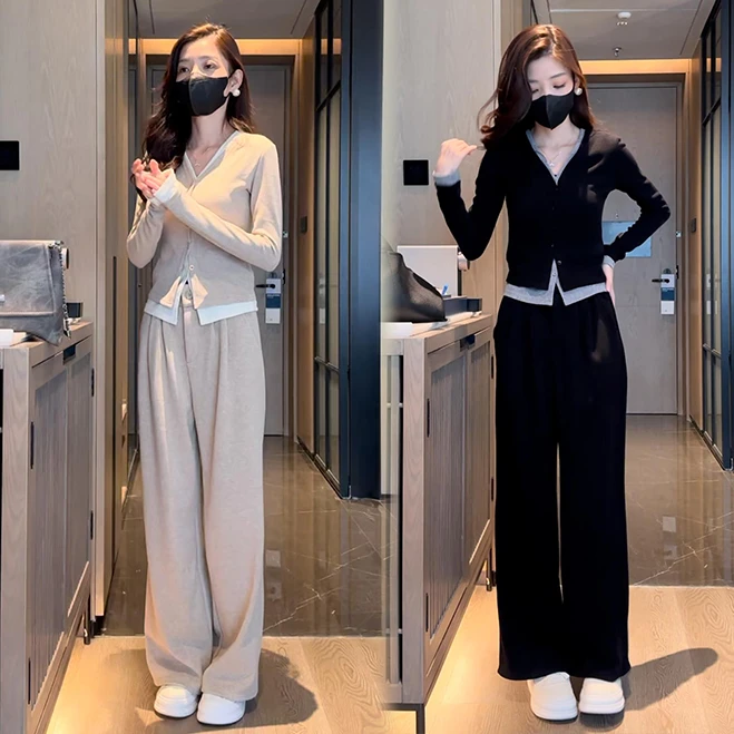 拉夏贝尔时尚休闲运动套装女春秋新款漂亮高级感阔腿裤两件套