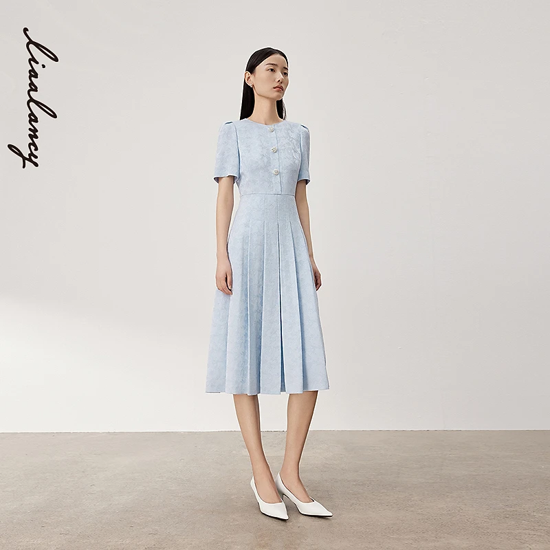 LANCY/朗姿2024夏季新款立体印花重工收腰连衣裙a字气质中长裙女
