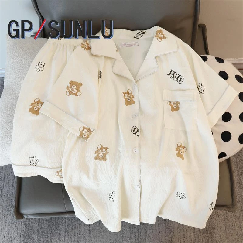 日本小众GP可爱小熊睡衣女夏季短袖棉质两件套学生夏天薄款云朵棉