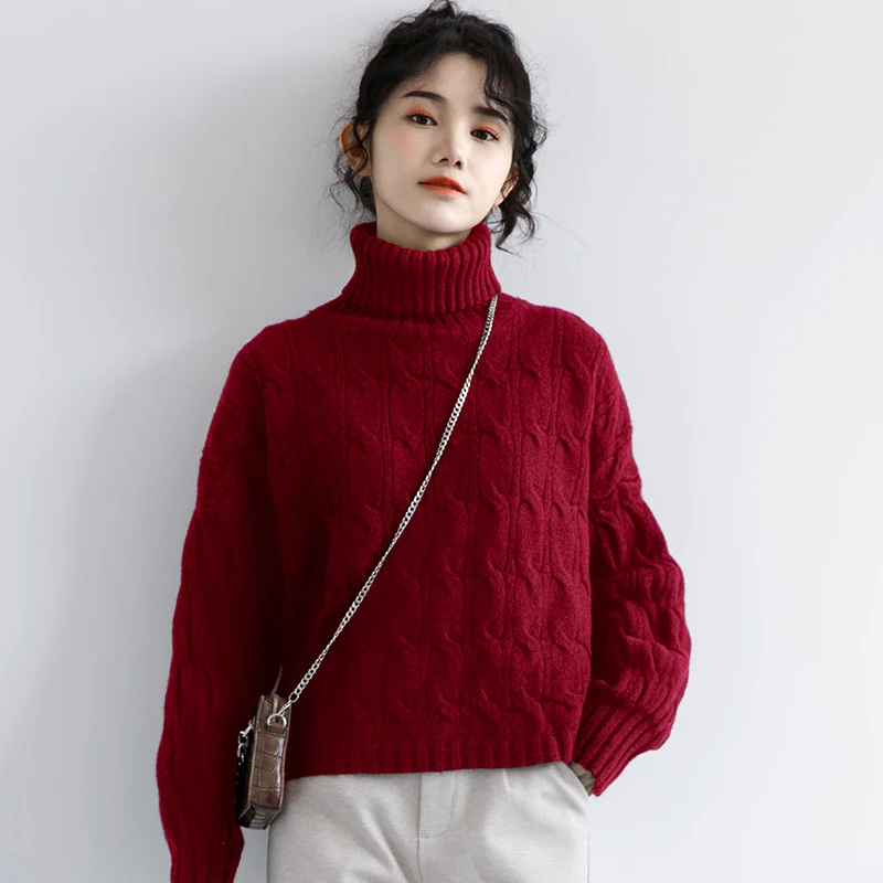 过年红色时尚高领毛衣女装秋冬季外穿韩版套头内搭打底针织衫上衣
