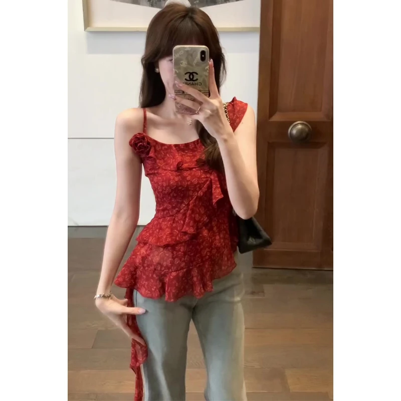 红色不规则荷叶边碎花吊带小背心女夏季外穿收腰无袖法式小资上衣