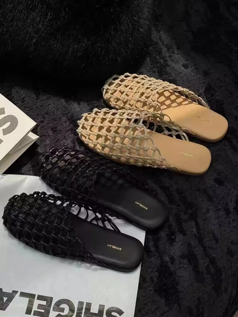 诗歌兰女鞋2025夏款时尚百搭平底外穿编织镂空包头半拖凉拖鞋