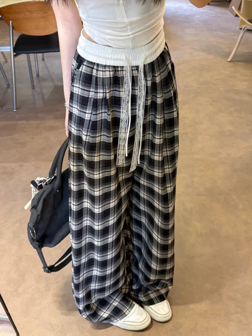 慵懒风格子拼接休闲裤女2025春季新款高腰宽松蕾丝抽绳阔腿裤长裤