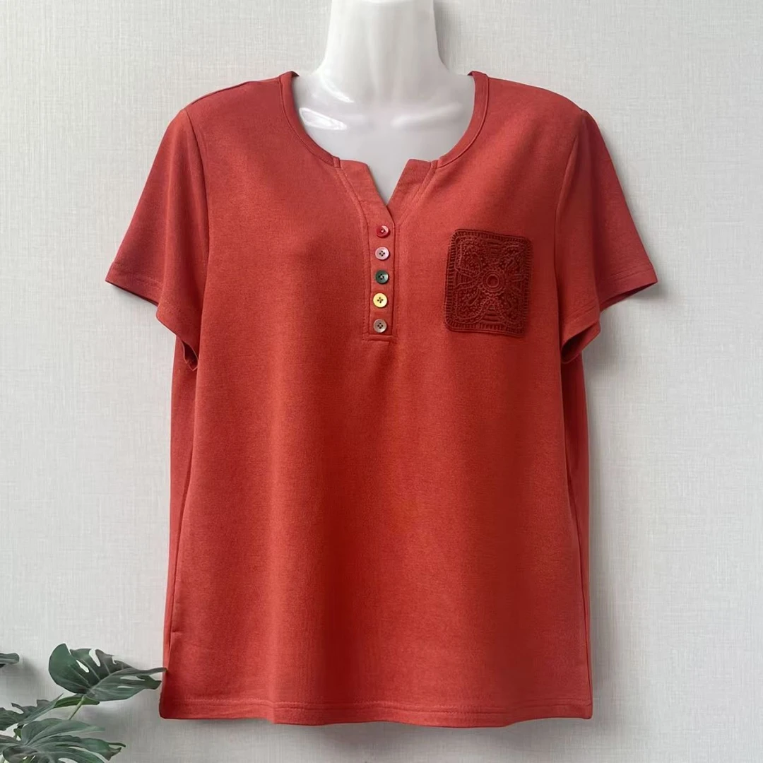 短袖纯色圆领小V领T恤中老年时尚纽扣垂感显瘦小衫女夏季薄款上衣