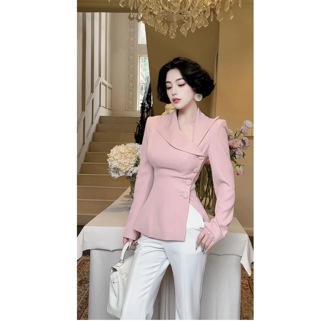 LYXJ【山茶梦境】财阀千金立体剪裁斜领西装外套小众高弹修身11765