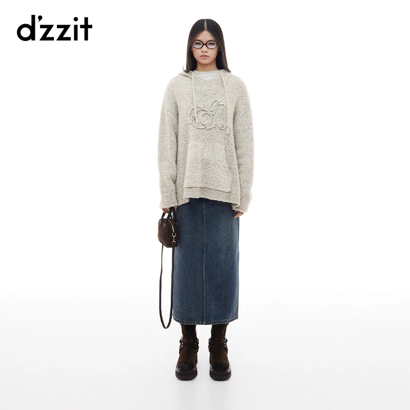 dzzit地素针织衫秋冬慵懒感羊毛混纺连帽宽松上休闲衣女3I4E419
