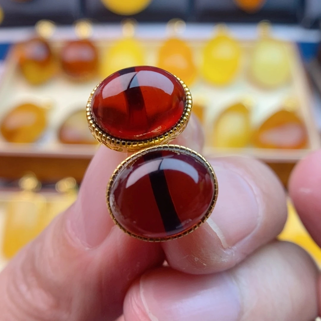 琥珀耳饰银S925镀金镶嵌