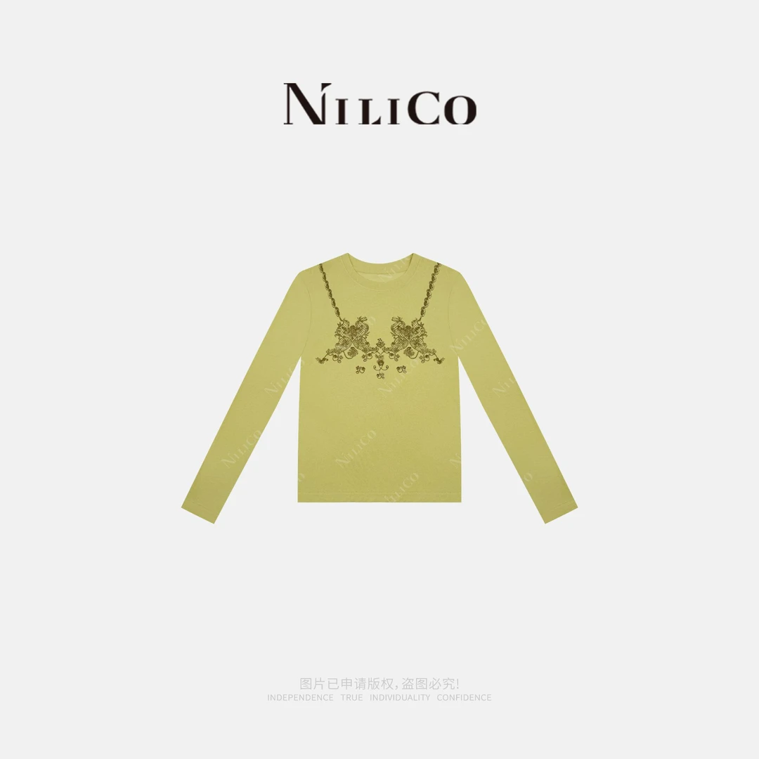NILICO【浮光】时尚欧美宫廷风巴洛克图案印花长袖T恤