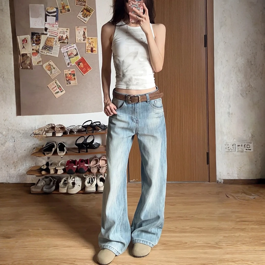 美式水洗蓝直筒牛仔裤女2025秋季新款高腰宽松显瘦磨白阔腿裤子
