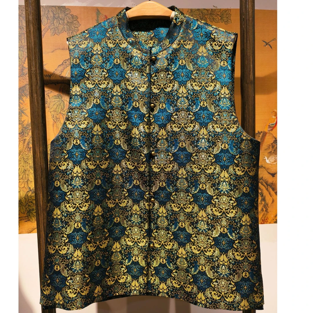 2025秋冬新款男装100%桑蚕丝宋锦蕉叶莲纹样百搭立领坎肩马甲2514