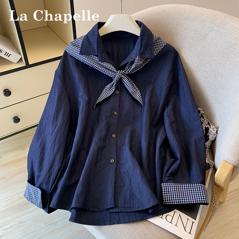 拉夏贝尔2025早秋新款飘带蝴蝶结衬衫女格子上衣拼接宽松百搭衬衣