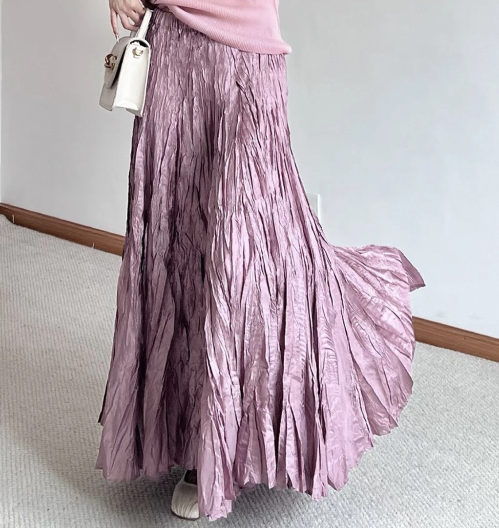 ZHOUZHOUDE【三宅风】法式褶皱松紧缎面光泽感超大摆高腰半身裙