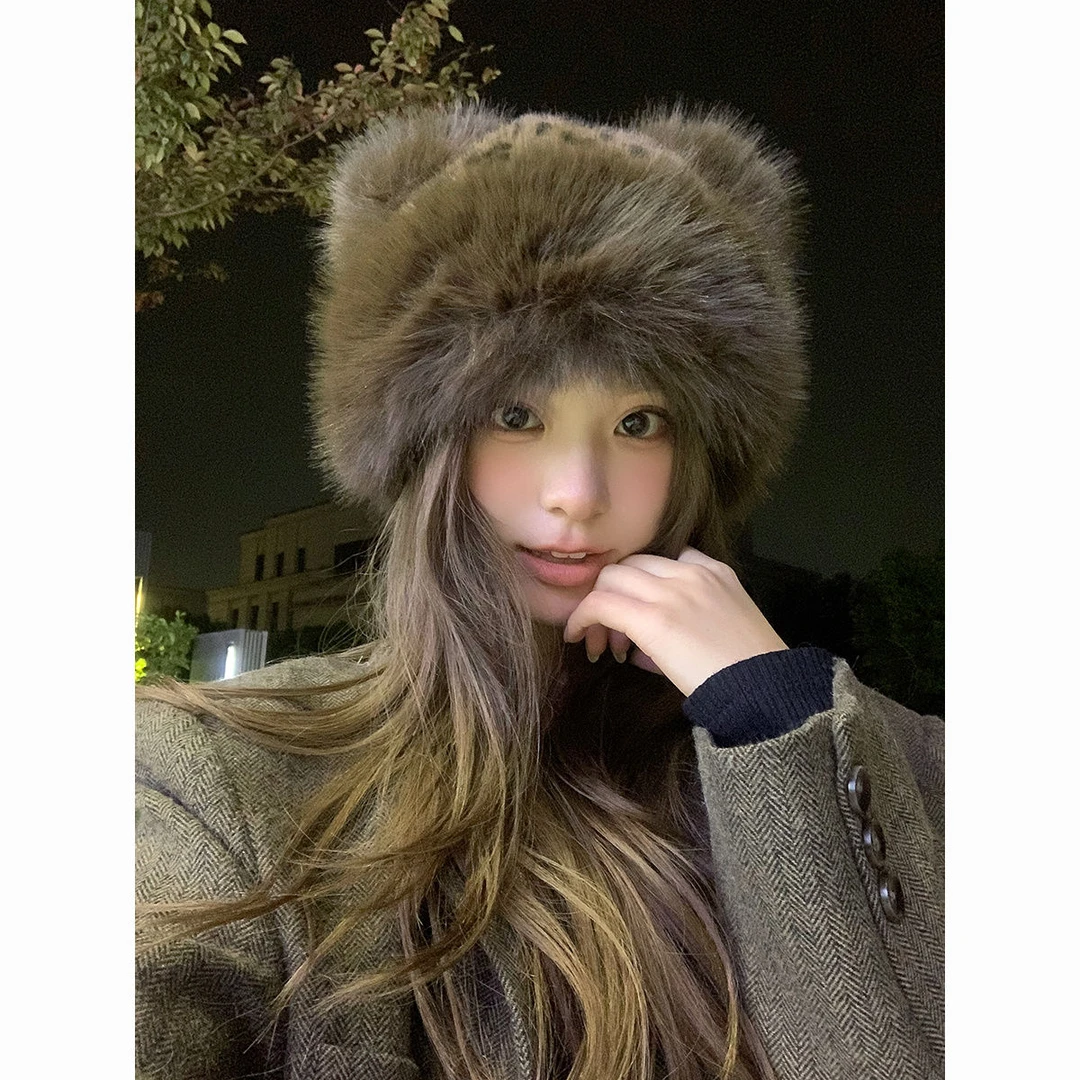 新款复古豹纹蒙古帽毛绒秋冬加绒可爱小熊雷锋帽加厚保暖护耳帽N