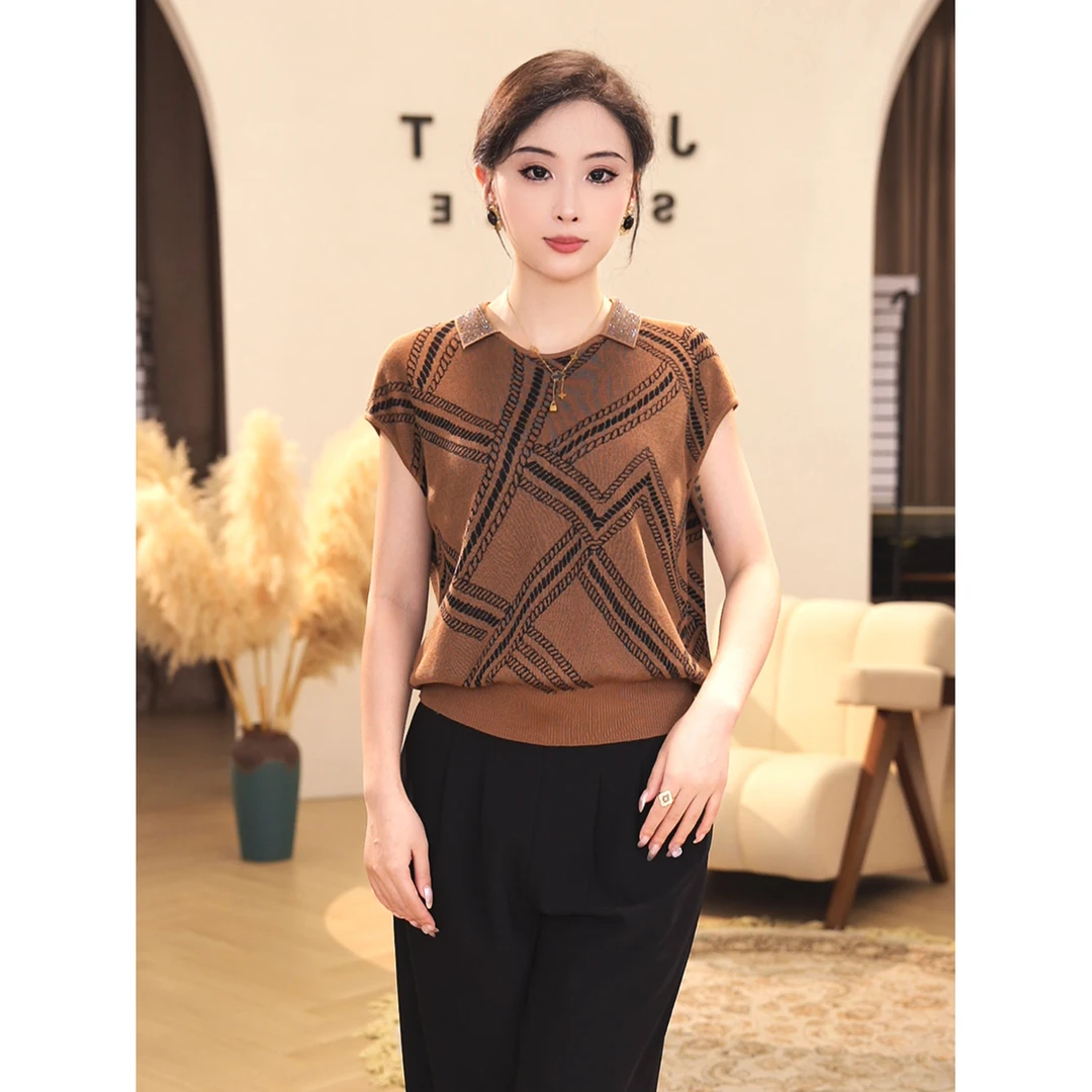 2025夏新款【7558】莱赛尔轻奢气质通勤百搭圆领烫钻短袖针织上衣女