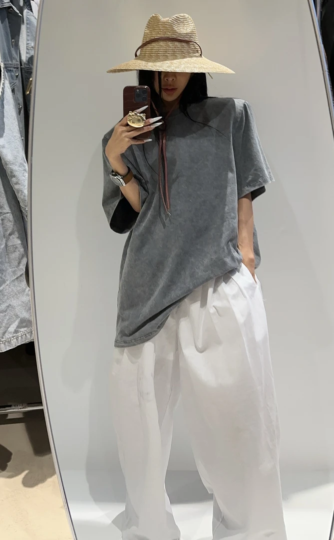 VIVISPLENDID20798#原创炒盐做旧老爹灰高级感大T恤