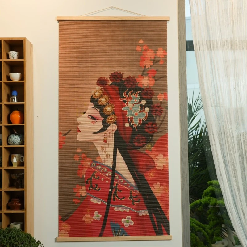 国潮新中式京剧花旦虞美人竹帘挂画禅意装饰茶室书房玄关背景画