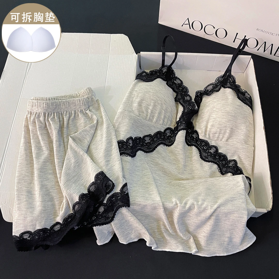 杏色睡衣女款夏季莫代尔棉带胸垫吊带短裤蕾丝性感纯欲家居服套装