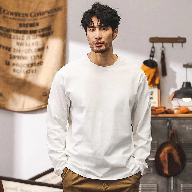 美式高端复古260g重磅长袖男t恤男春秋新款宽松纯棉打底衫体恤白T