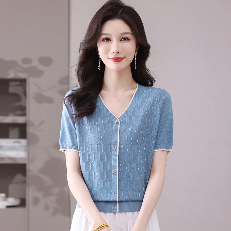 夏季新款100%天丝莱赛尔V领假两件短袖t恤女薄款宽松针织衫上衣