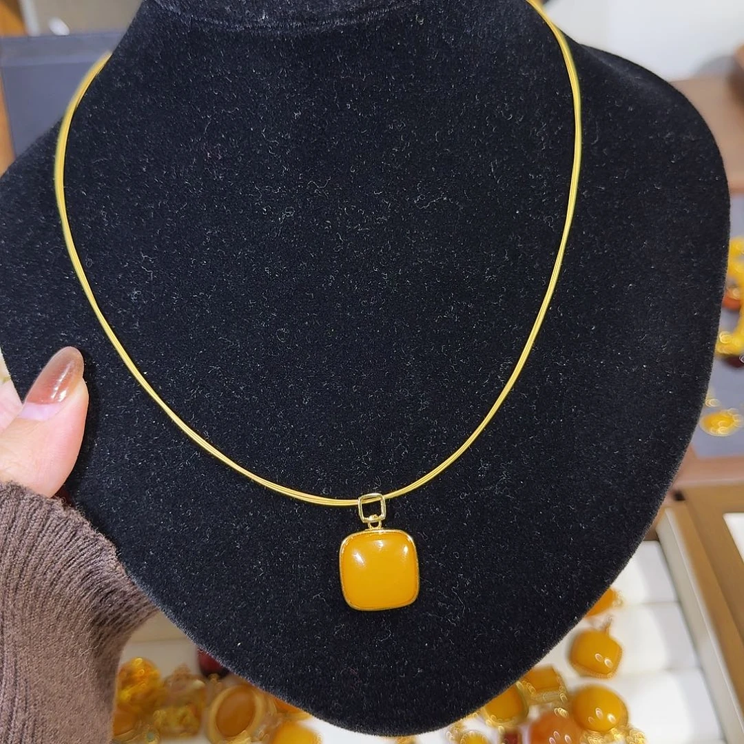 蜜蜡银S925镀金镶嵌颈饰蜜蜡项链