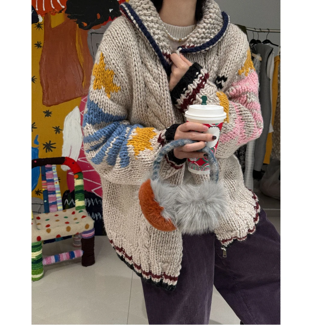 【圣诞毛衣】泰迪熊卡通羊毛复古提花翻领针织开衫 J24M559