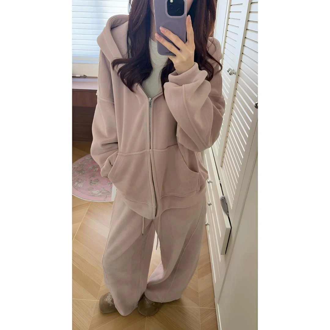 韩系秋冬季拉链卫衣女2025卫衣休闲小个子穿搭一整套装长裤两件套