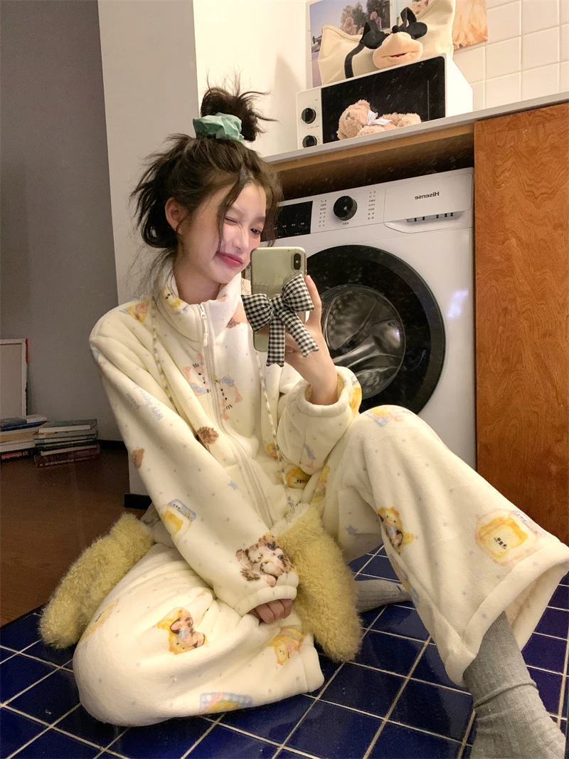 甜美可爱卡通猫咪点点拉链摇粒绒睡衣冬季新款加厚保暖家居服套装
