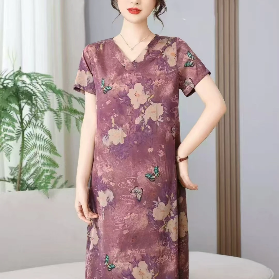 9912-连衣裙夏季宽松新款短袖中老年印花气质裙子女【富通物流】