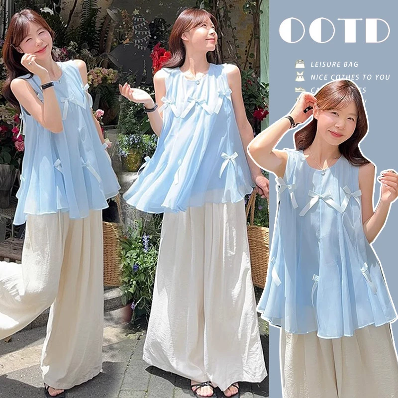 2025年夏季新款蓝色立体蝴蝶结无袖背心上衣+宽松阔腿裤孕妇套装