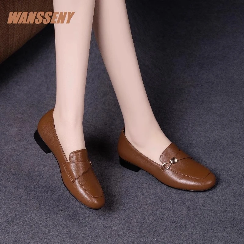 WANSSENY2025年新款女皮鞋英伦风女鞋软皮平底单鞋低跟真皮乐福鞋
