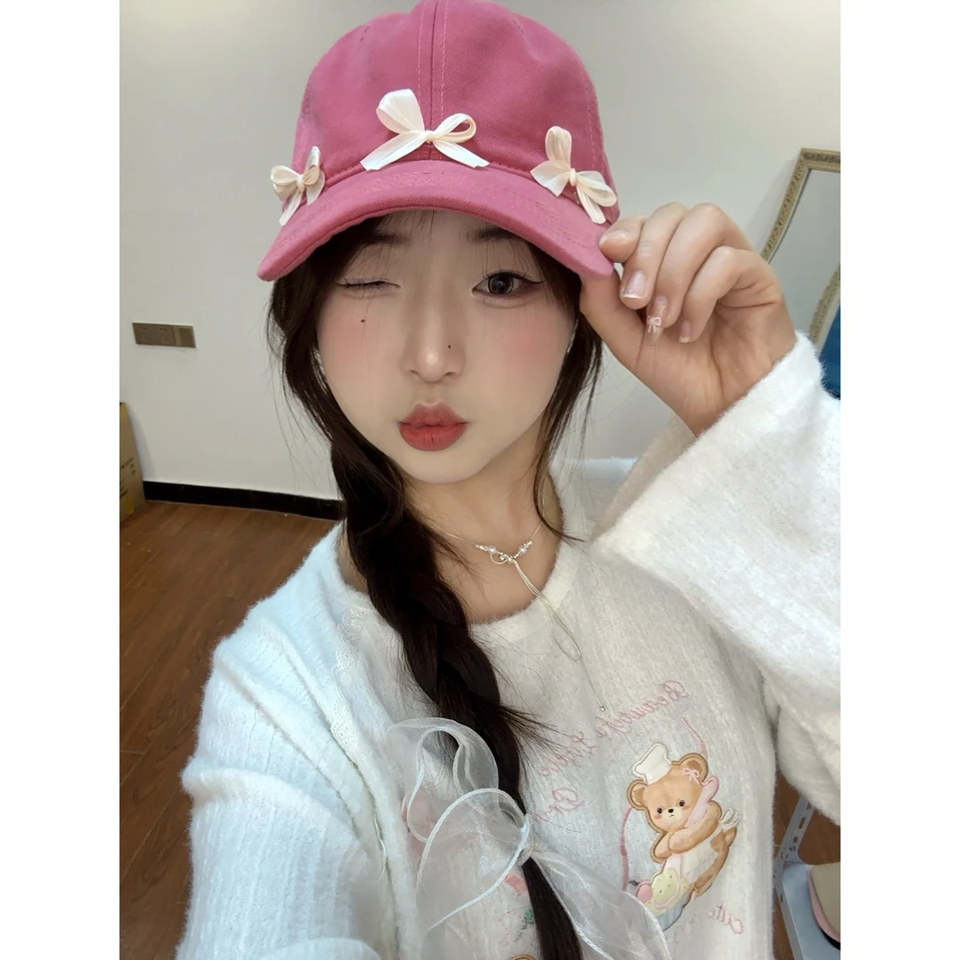 韩国小众ins甜妹芭蕾风高级蝴蝶结软顶光面球帽百搭大头围帽子