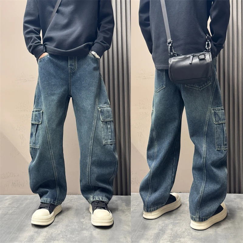 2025冬季美式高街痞帅休闲弯刀牛仔裤加绒加厚宽松舒适百搭阔腿裤