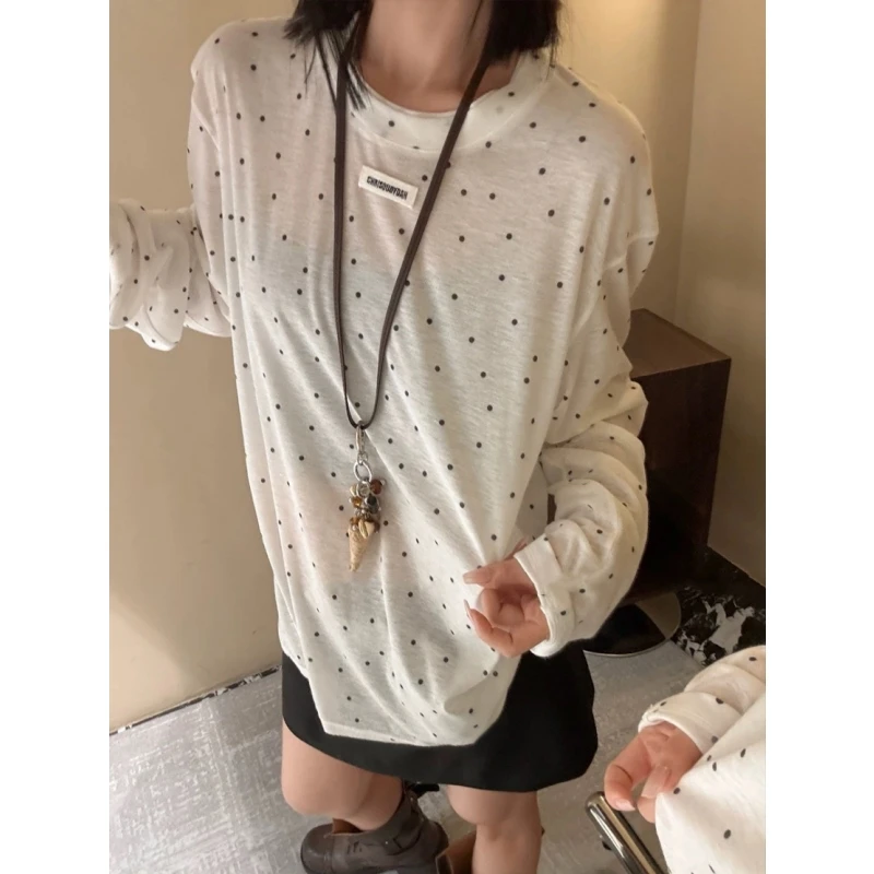 现货-【白色波点面膜T恤】2025夏圆领长袖防晒上衣女